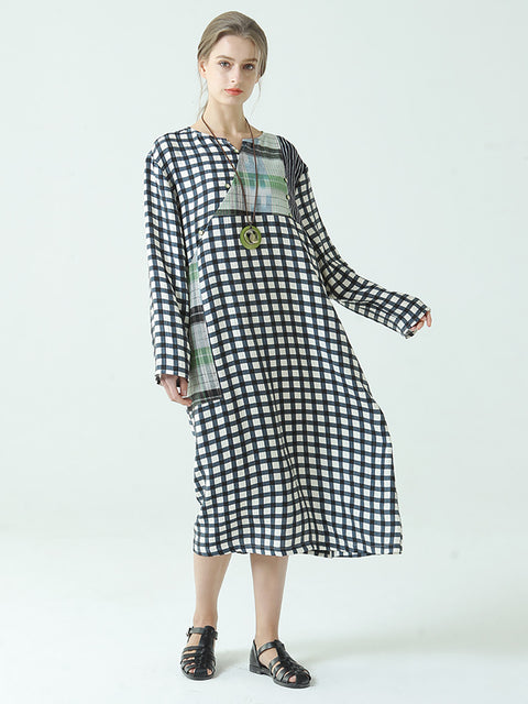 Plus Size Plaid Long Sleeve Loose Spring Casual Dress