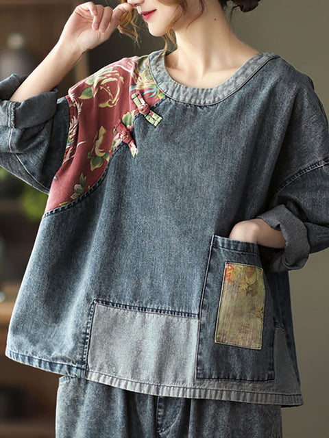 Felpa in denim floreale con stampa patchwork retrò da donna taglie forti