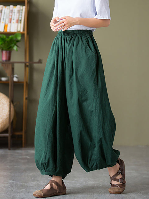 Pantaloni casual a lanterna con tasca in cotone e lino da donna taglie forti