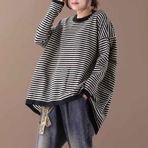 Buykud Ultra-loose Classic Striped Round Neck Sweater